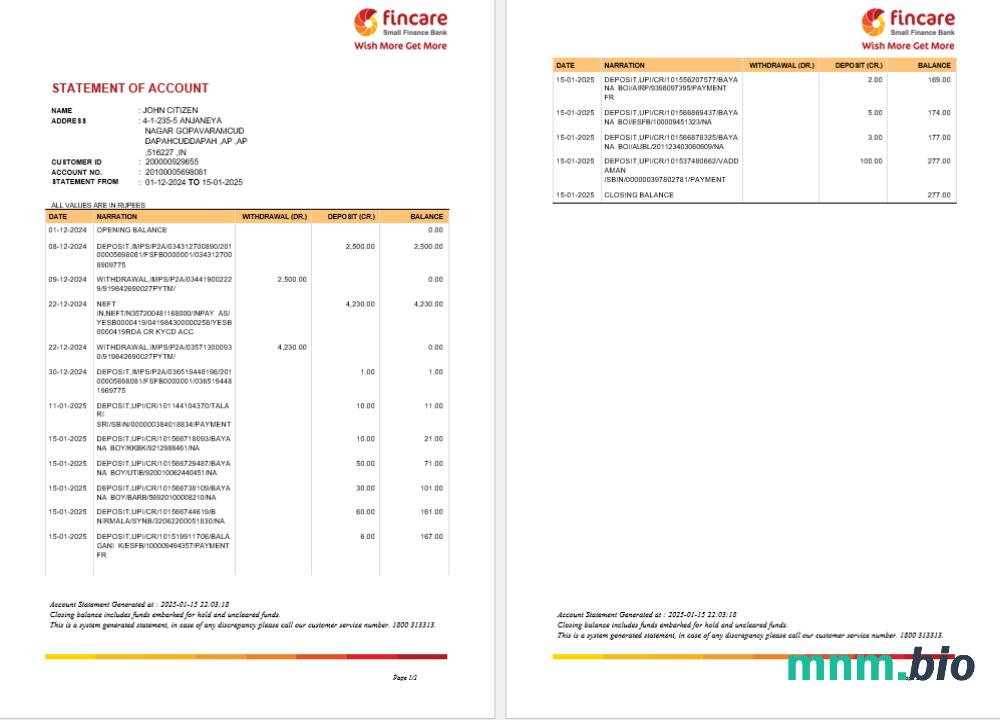 Szablon wyciągu bankowego INDIA EQUITAS, format Word i PDF